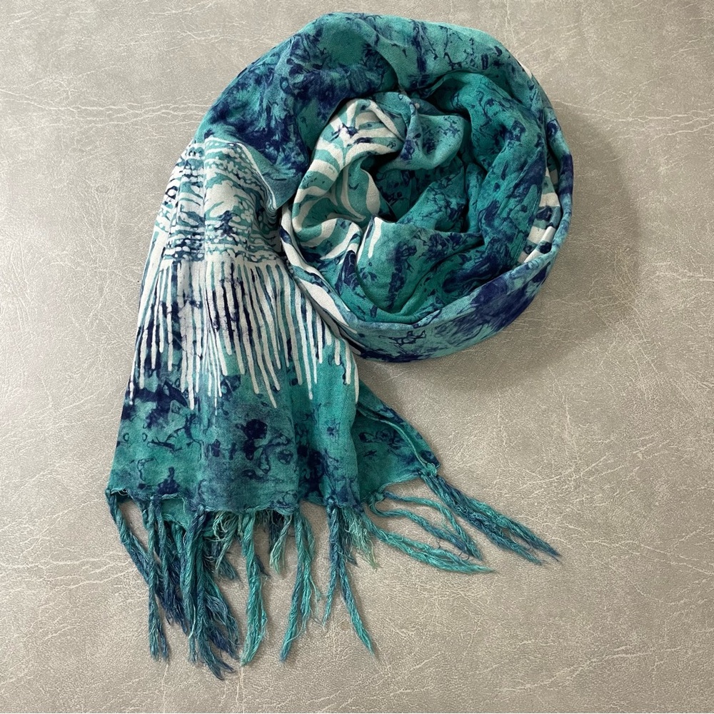 Fringed Blue/Bluegreen Leaf Print 20” x 64” Batik Scarf